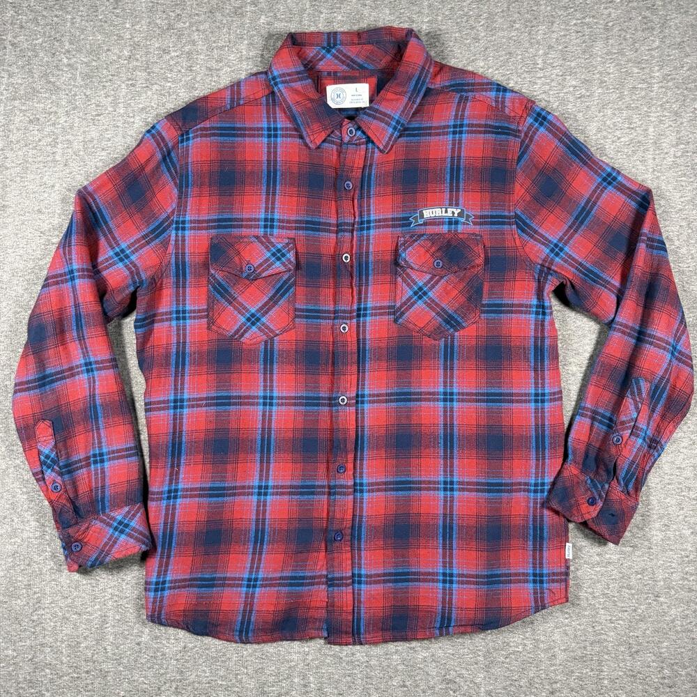 Hurley Mens Large Red Blue Plaid Flannel Shirt Long Sleeve Button Up Surf Cotton